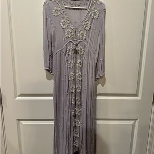 Free People Purple Embellished Midi Gown V-Neck 3/4 Sleeve